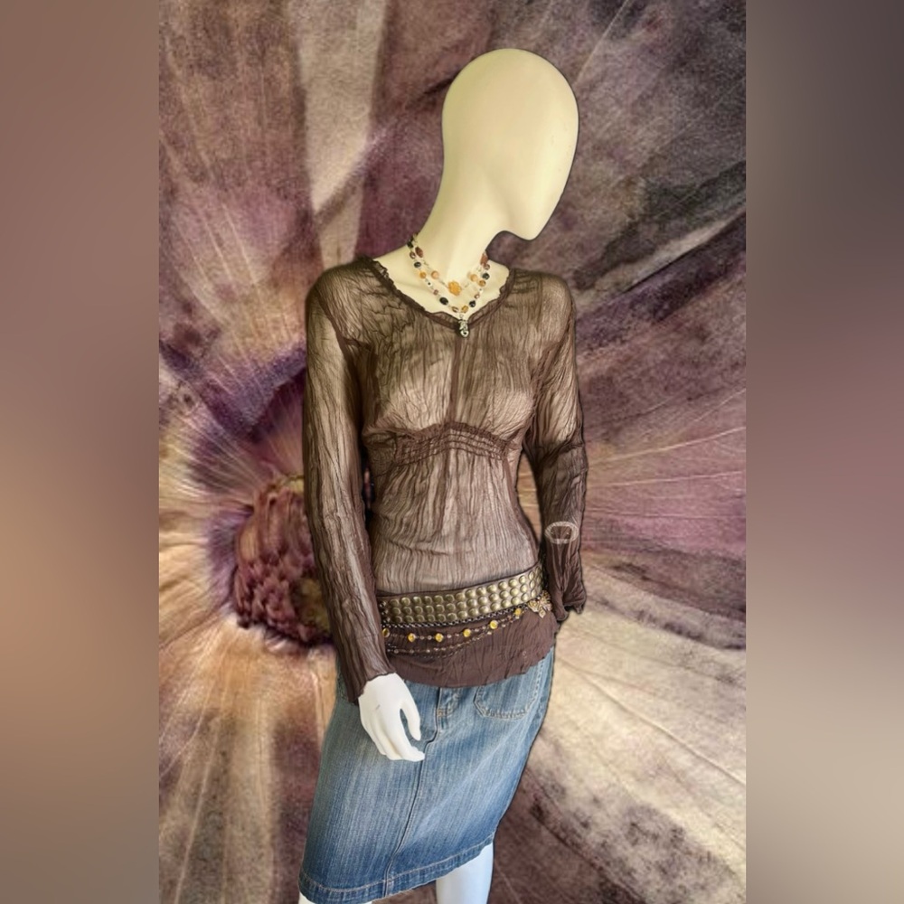 y2k brown sheer long sleeve scrunch top